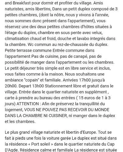 Oda ve Kahvaltı D'hotes Naturiste, Village Naturiste Cap D'agde, Draps, Serviette, Cafe, Menage Inclus En Fin De Sejour *